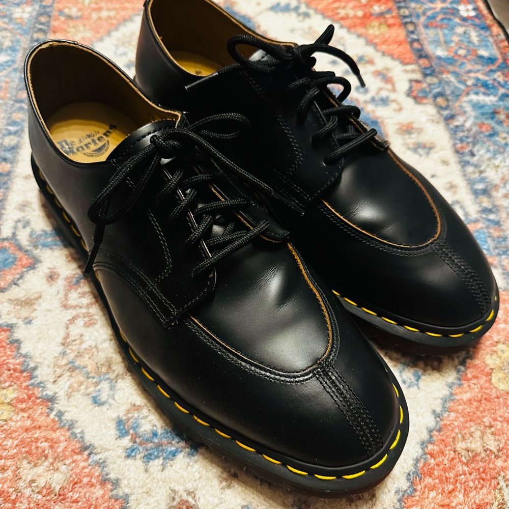 Dr. Martens Black Leather Derby Shoes with Yellow Stitching